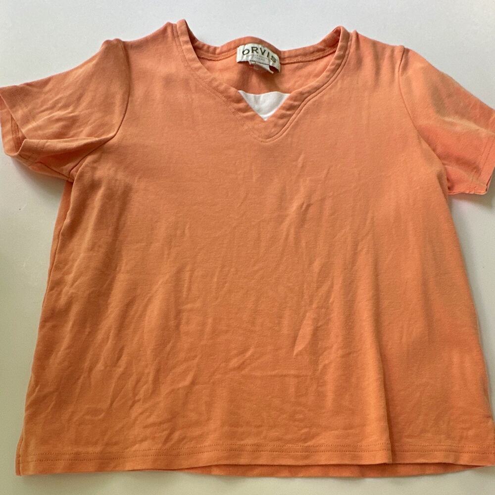 Orvis Women’s Size S Orange Solid V Neck Short Sleeve Cotton Knit T-Shirt